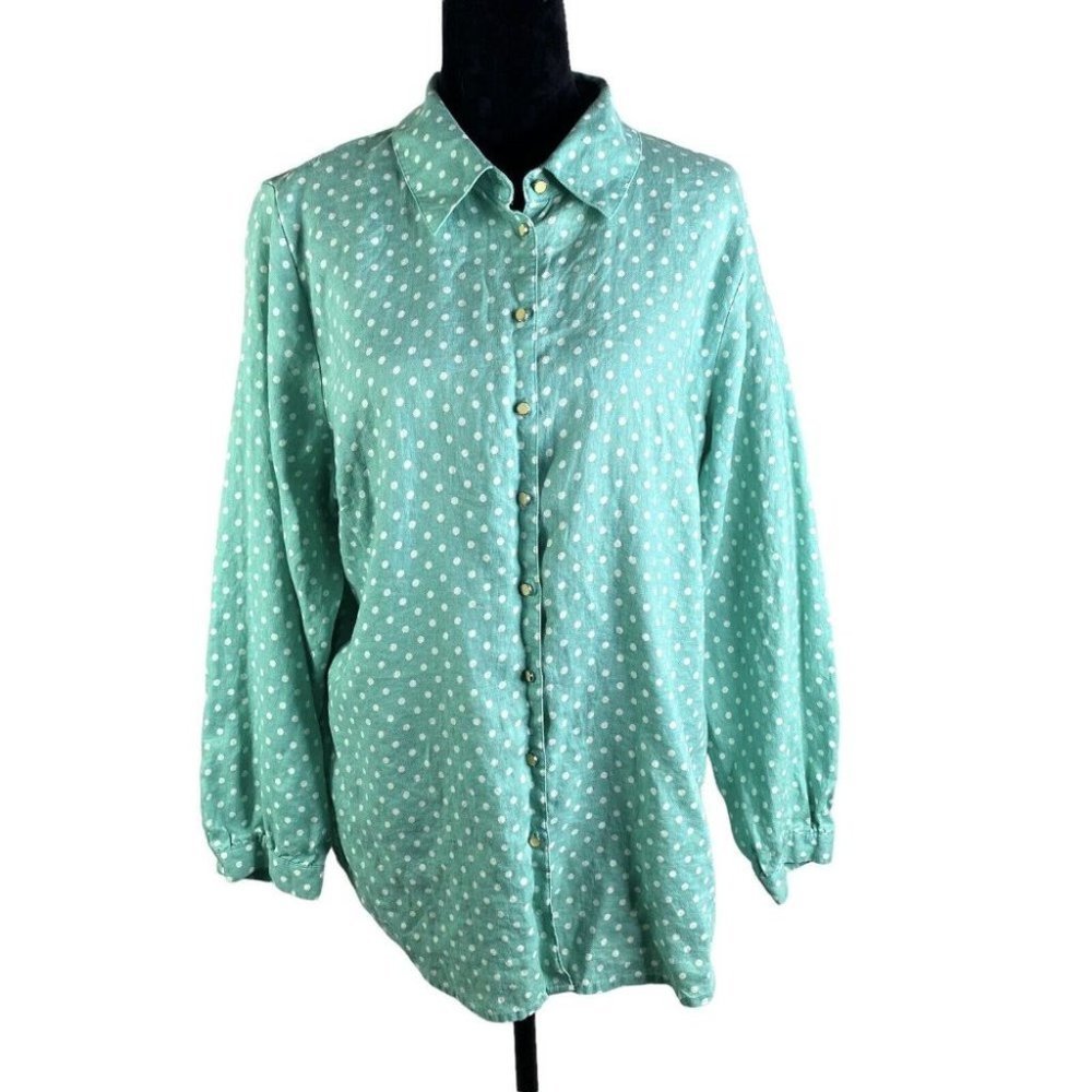 Soft Surroundings Mint Green Polka Dot 100% Linen Button Down Blouse 1X
